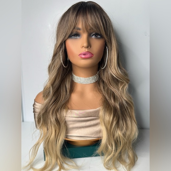 Long Blonde Ombre Wig with Bangs – Wavy Layered Heat Safe Synthetic Hair - Picture 1 of 9